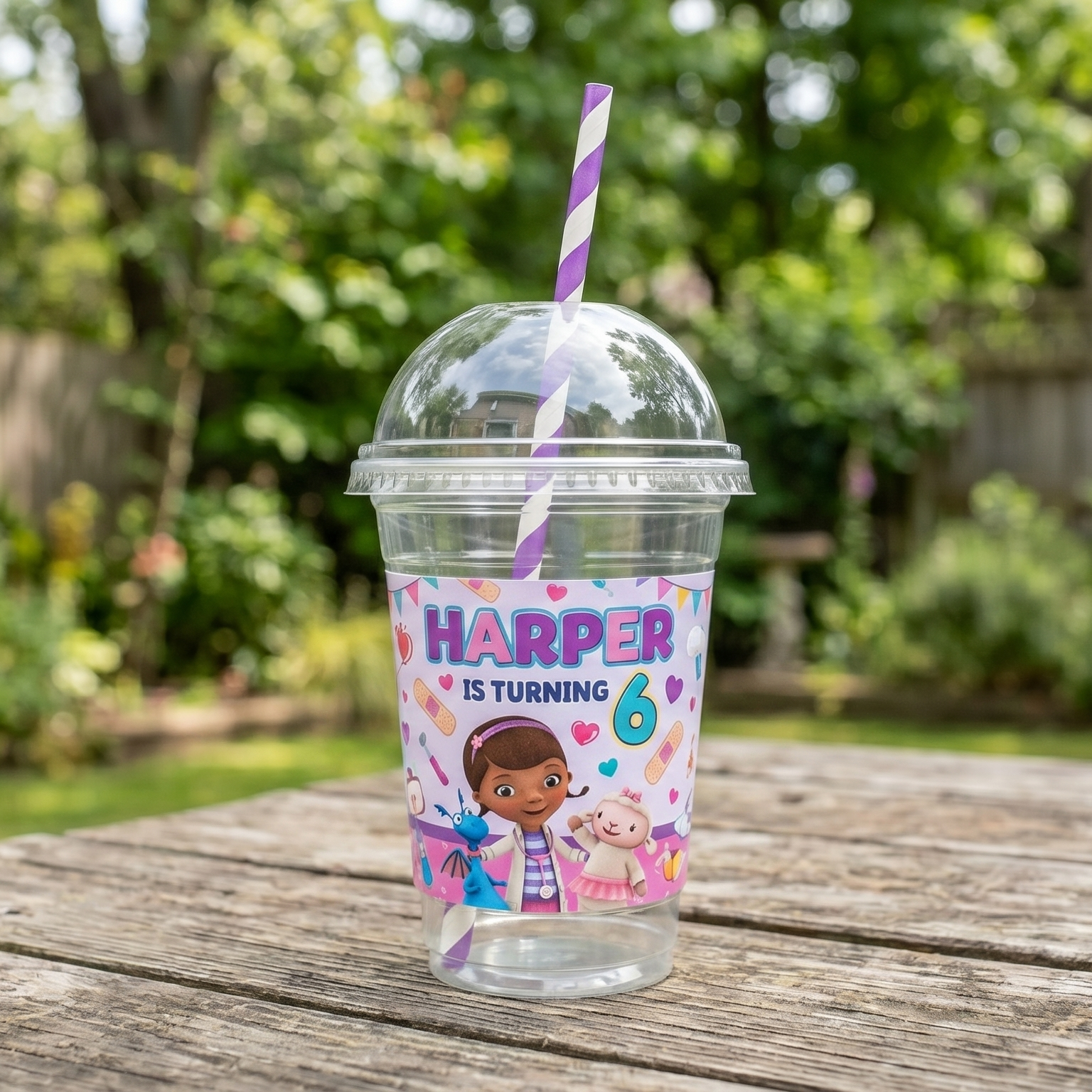 (Pack of 6) Doc McStuffins Custom Personalized Birthday Party 16 oz Cups with Dome Lids & Straws