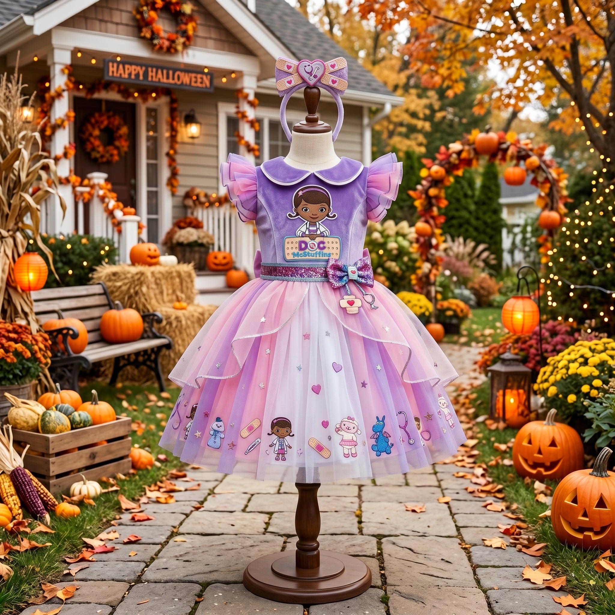 Doc McStuffins Girls' Deluxe Sparkle Tutu Party Costume Dress Set with Matching Headband Halloween Birthday Pageant