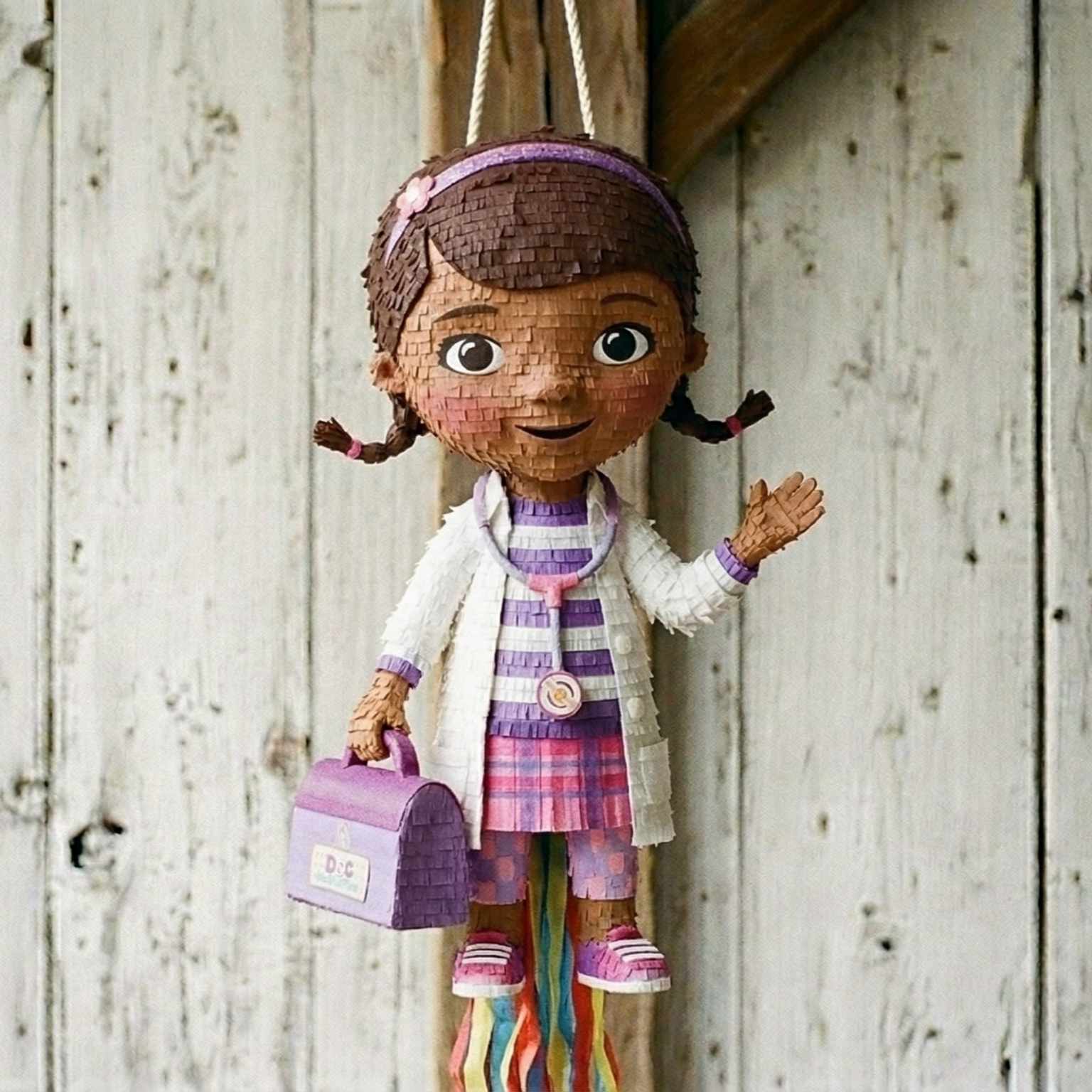 Premium Handmade 30-Inch Doc McStuffins Character Pull-String Piñata Table Decor Party Centerpiece