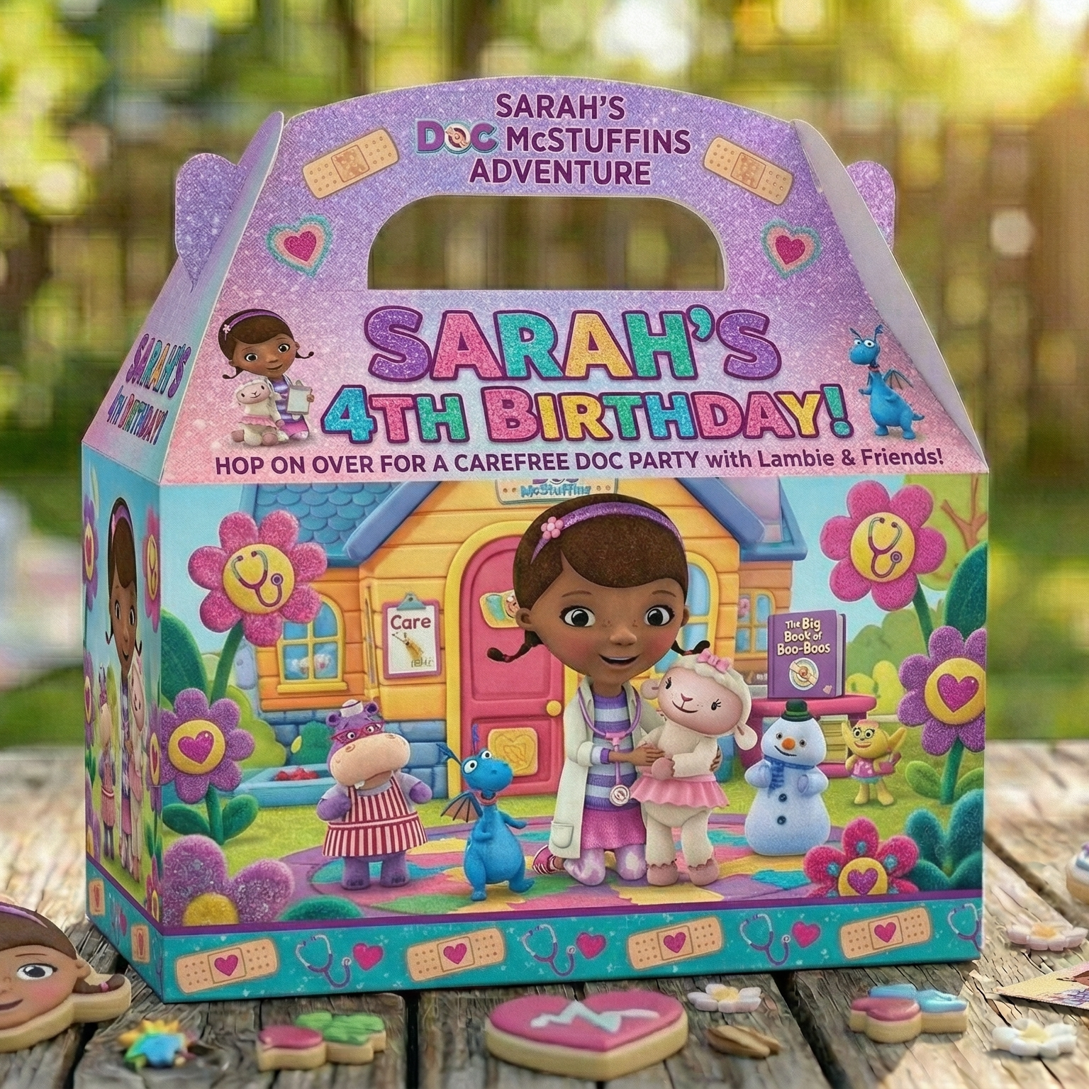 (Pack of 6) Doc McStuffins Custom Personalized Birthday Party Favor Gable Treat Boxes