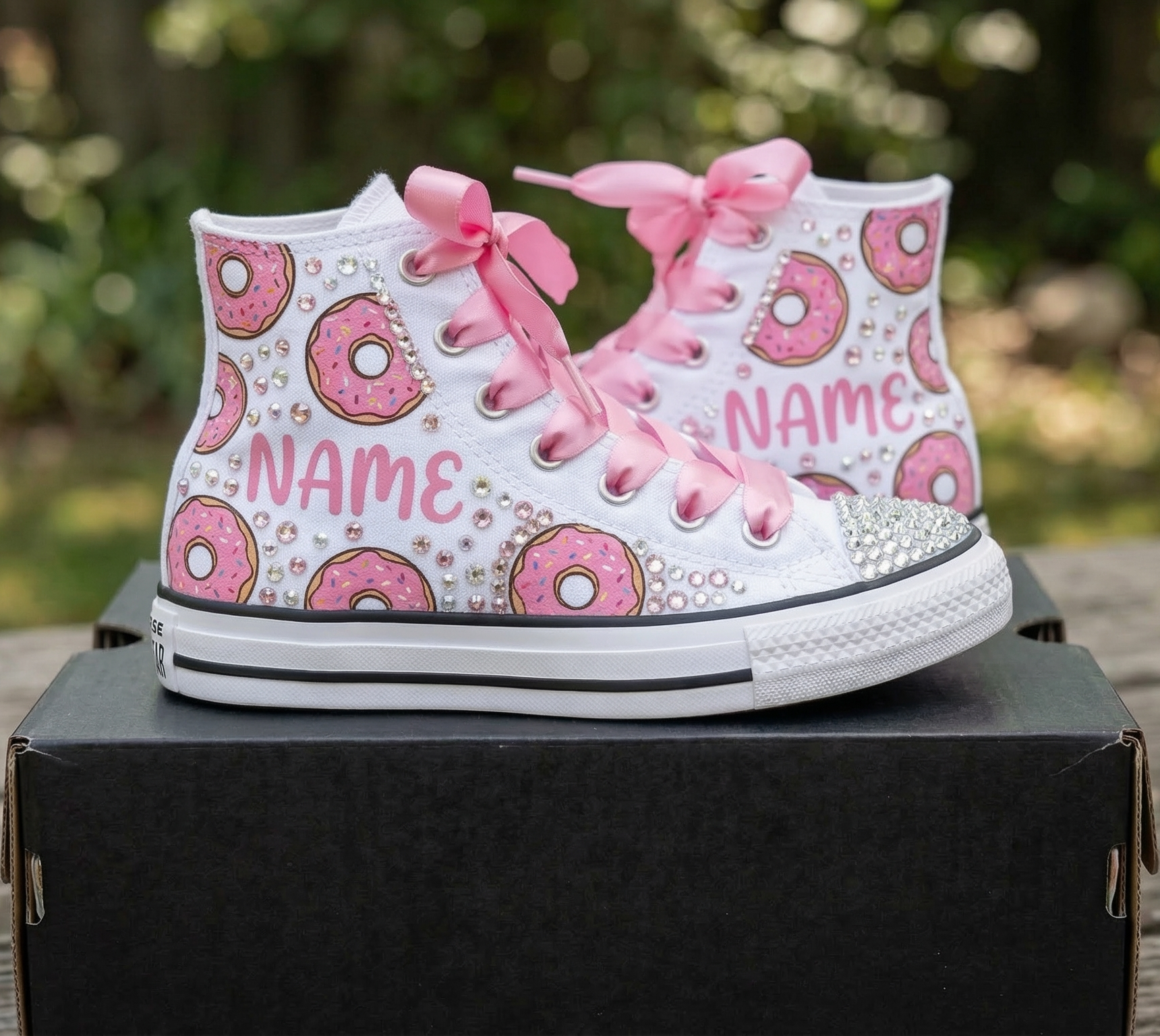 Custom Donuts High-Top Sneakers Shoes Personalized with Name, Ribbon Laces & Rhinestones Birthday Parties Everyday Gift
