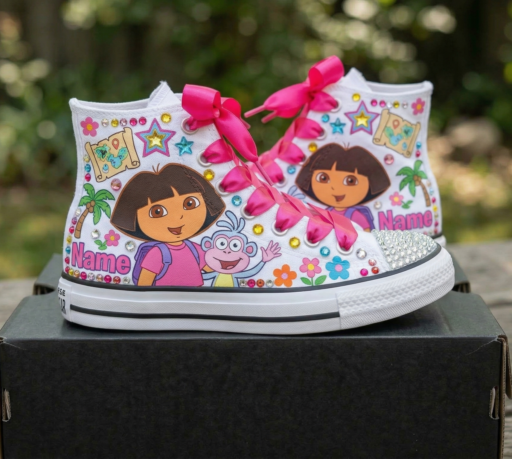 Custom Dora the Explorer High-Top Sneakers Shoes Personalized with Name, Ribbon Laces & Rhinestones Birthday Parties Everyday Gift