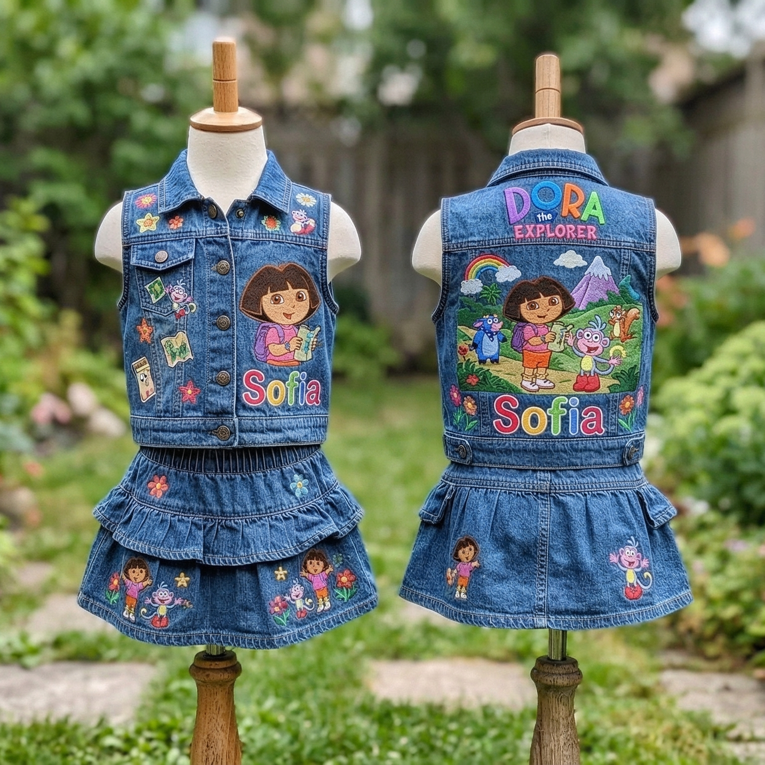 Personalized Custom Name Dora the Explorer Denim Vest & Skirt Set Birthday Party Cake Smash Gift