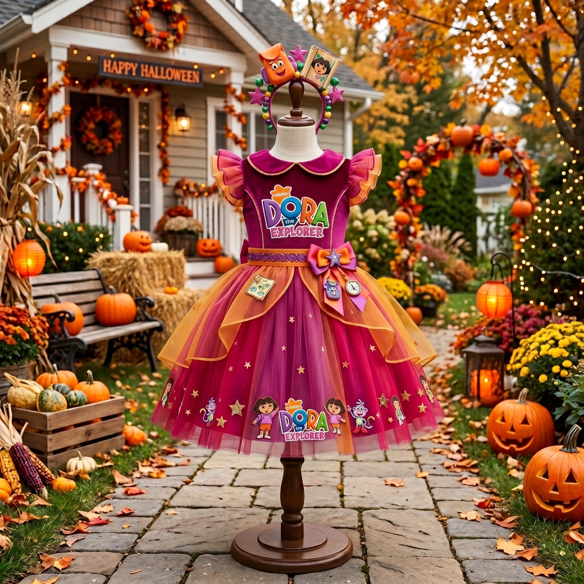 Dora the Explorer Girls' Deluxe Sparkle Tutu Party Costume Dress Set with Matching Headband Halloween Birthday Pageant