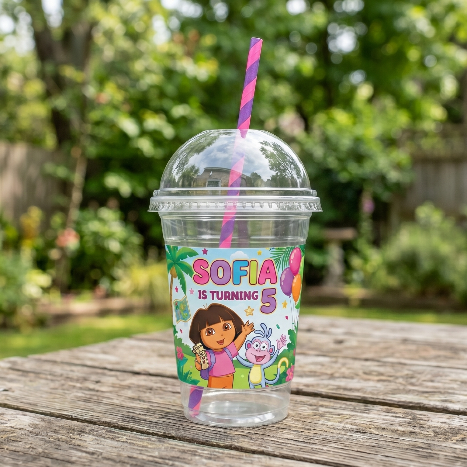 (Pack of 6) Dora the Explorer Custom Personalized Birthday Party 16 oz Cups with Dome Lids & Straws