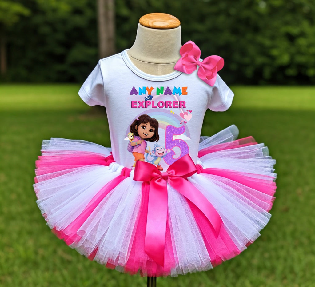 Dora the Explorer Tutu Set Girls Personalized Custom Hot Pink White Pink Tutu Outfit Dress Theme Cake Smash Birthday Party