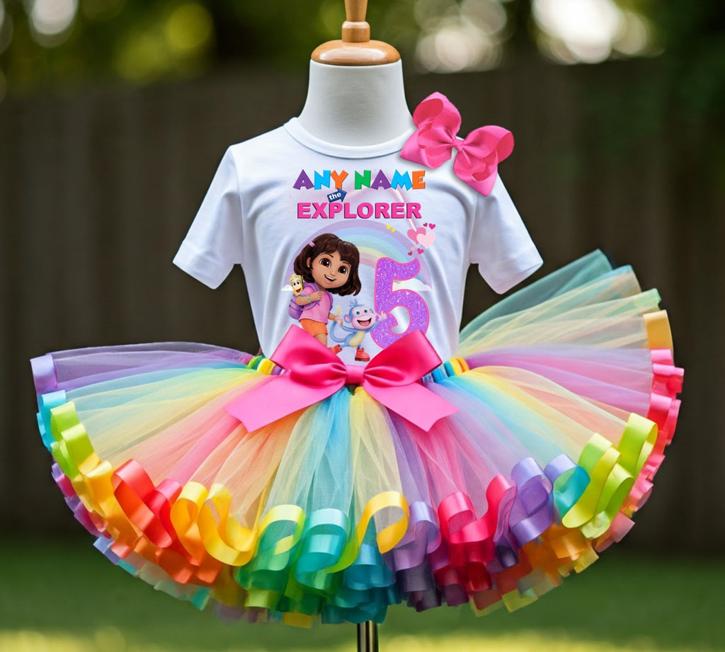 Dora The Explorer Tutu Set Girls Personalized Custom Rainbow Ribbon Sewn Trim Tutu Outfit Dress Theme Cake Smash Birthday Party