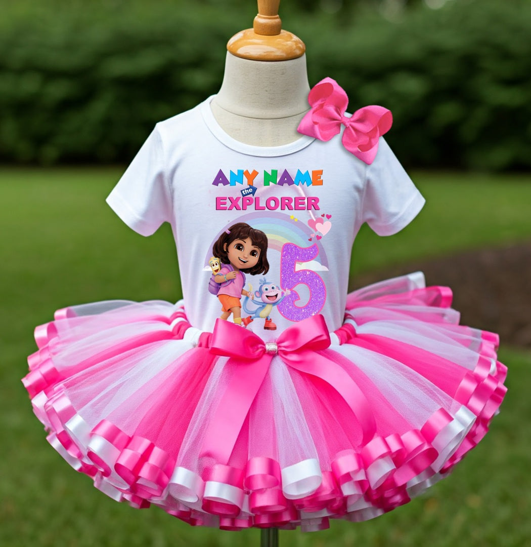 Dora The Explorer Tutu Set Girls Personalized Custom Hot Pink White Pink Ribbon Sewn Trim Tutu Outfit Dress Theme Cake Smash Birthday Party