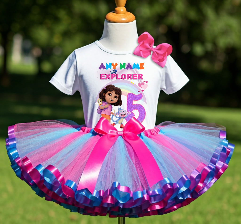 Dora The Explorer Tutu Set Girls Personalized Custom Hot Pink Blue Purple Ribbon Sewn Trim Tutu Outfit Dress Theme Cake Smash Birthday Party