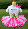 Dora The Explorer Tutu Set Girls Personalized Custom Hot Pink White Pink Ribbon Sewn Trim Tutu Outfit Dress Theme Cake Smash Party