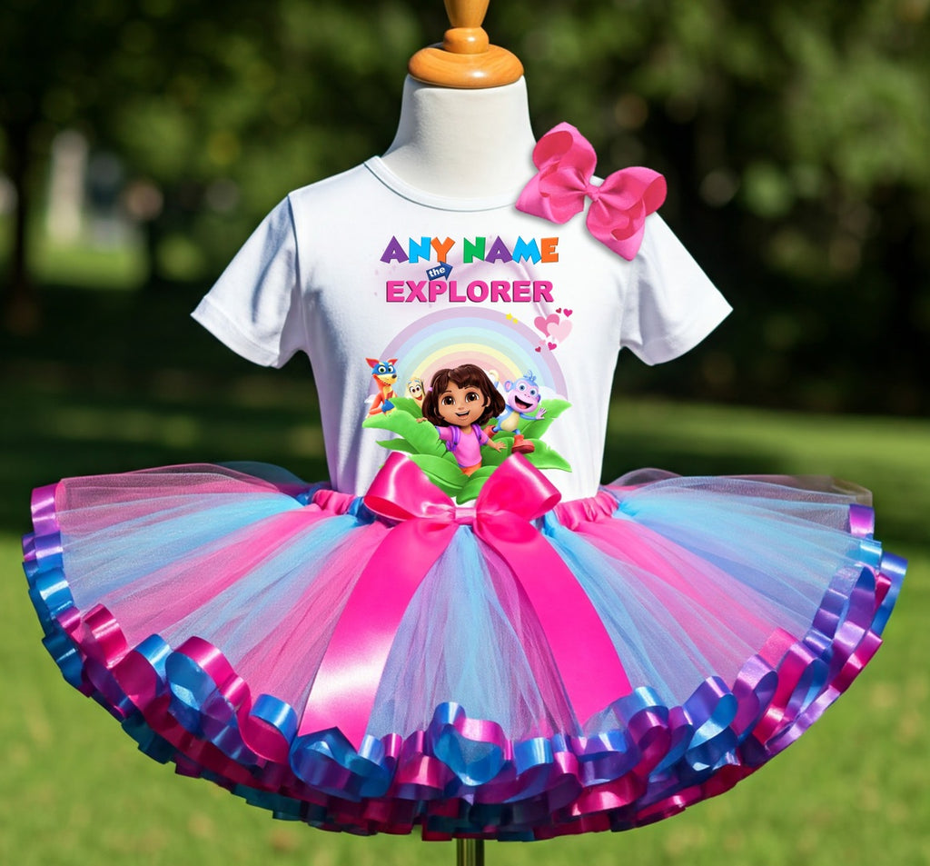 Dora The Explorer Tutu Set Girls Personalized Custom Hot Pink Blue Purple Ribbon Sewn Trim Tutu Outfit Dress Theme Cake Smash Party