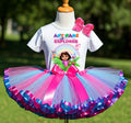 Dora The Explorer Tutu Set Girls Personalized Custom Hot Pink Blue Purple Ribbon Sewn Trim Tutu Outfit Dress Theme Cake Smash Party