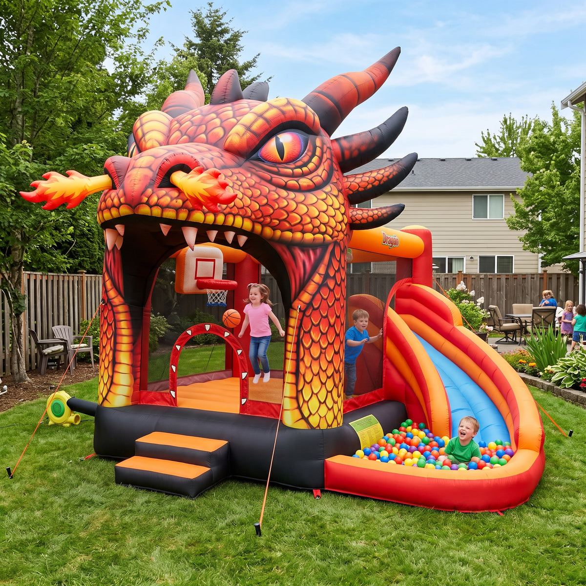Play Bounce House Jumping Playhouse area with Slide and Ball Pit Dragon's Head Castle Theme