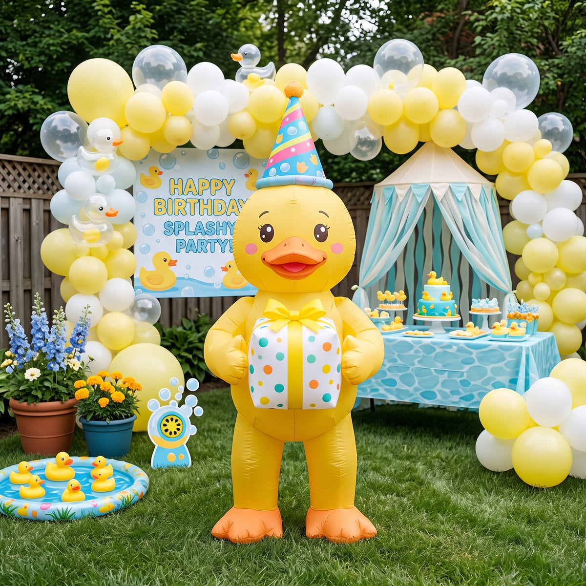 5' Yellow Ducky with Birthday Hat and Present Yard Birthday Inflatable Blow Up Decor Prop