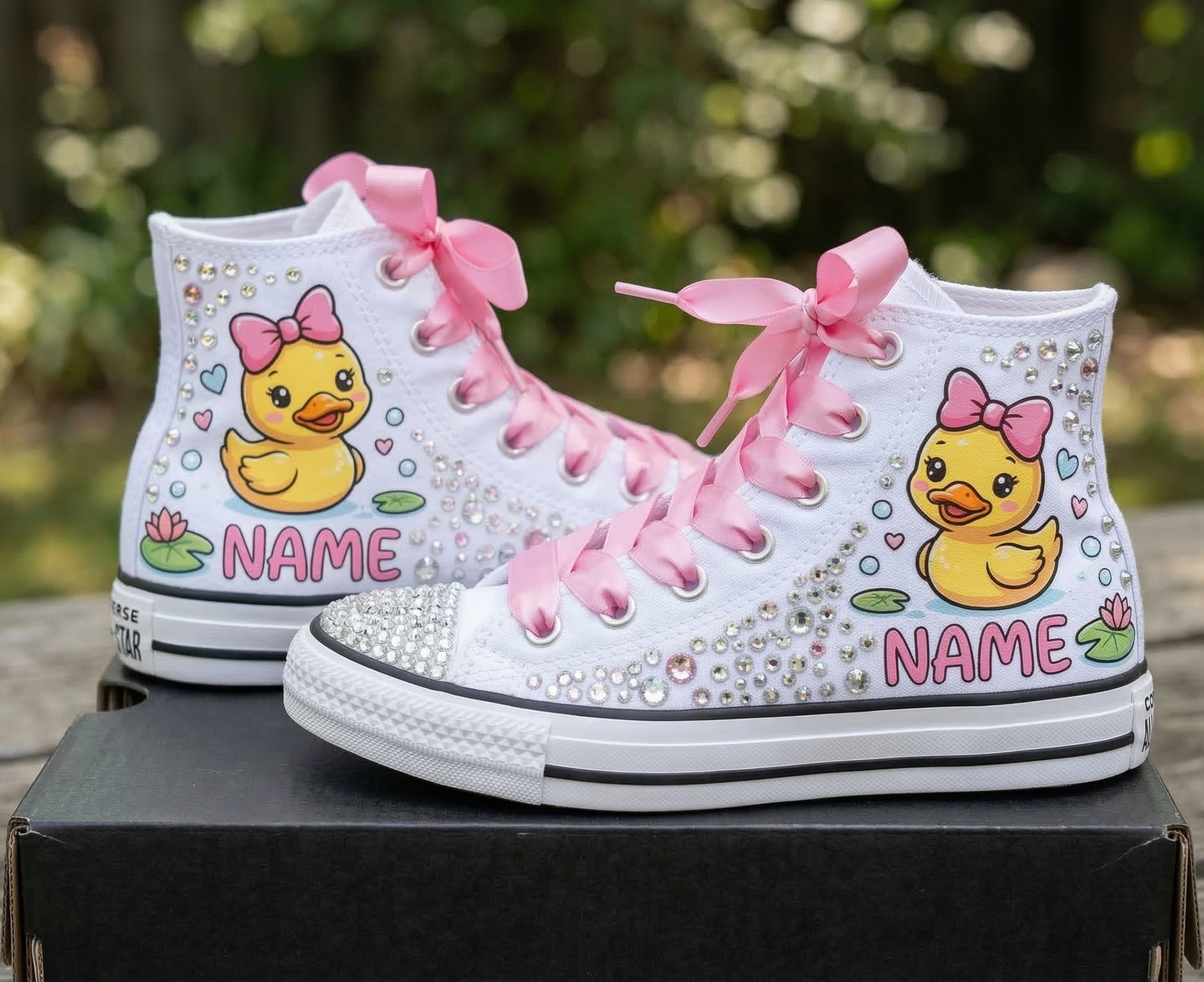 Custom Cute Yellow Ducky High-Top Sneakers Shoes Personalized with Name, Ribbon Laces & Rhinestones Birthday Parties Everyday Gift