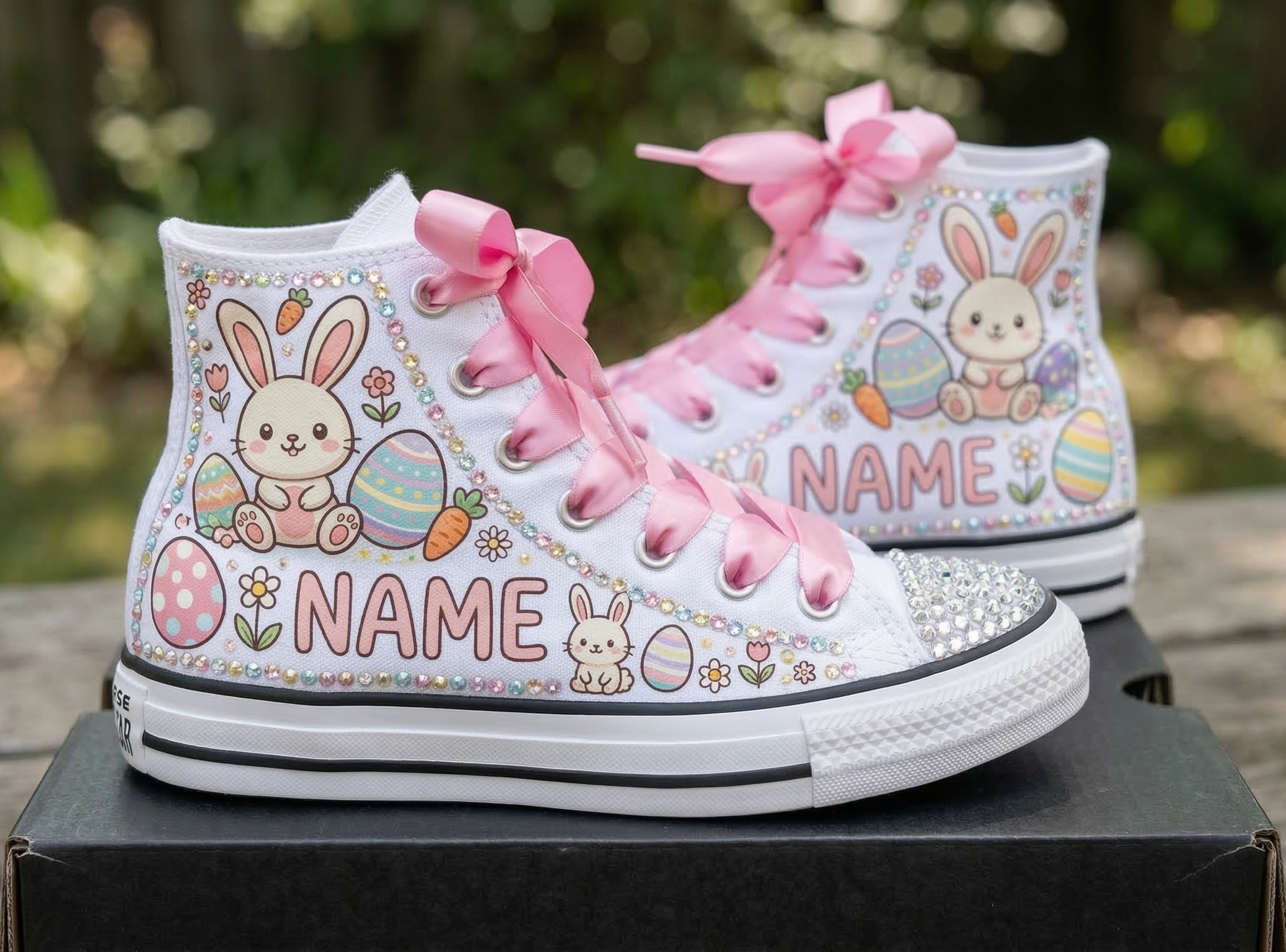 Custom Easter Bunny High-Top Sneakers Shoes Personalized with Name, Ribbon Laces & Rhinestones Birthday Parties Everyday Gift