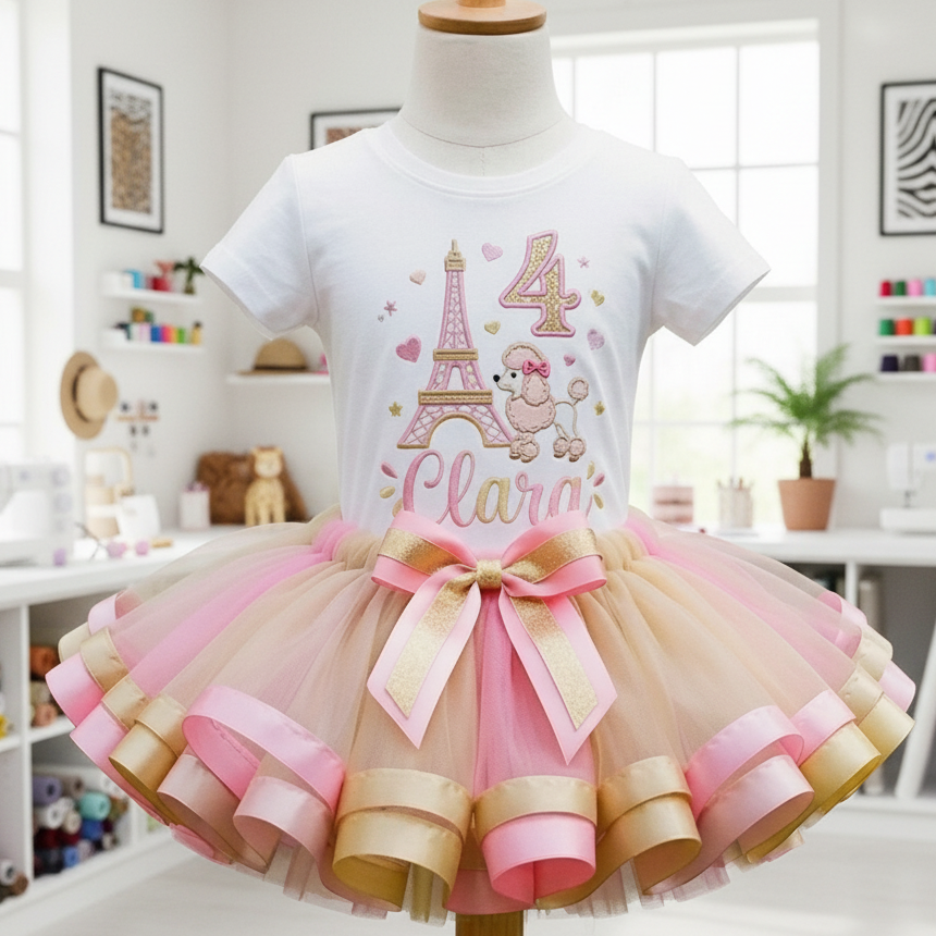 Paris Eiffel Tower Poodle Birthday Custom Girls Tutu Outfit Personalized Dress Set