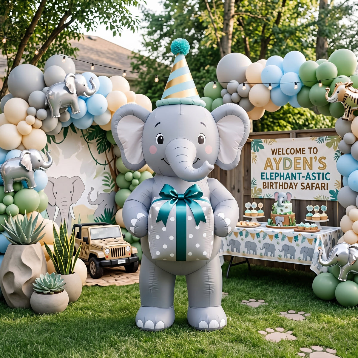 5' Safari Elephant with Birthday Hat and Present Yard Birthday Inflatable Blow Up Decor Prop