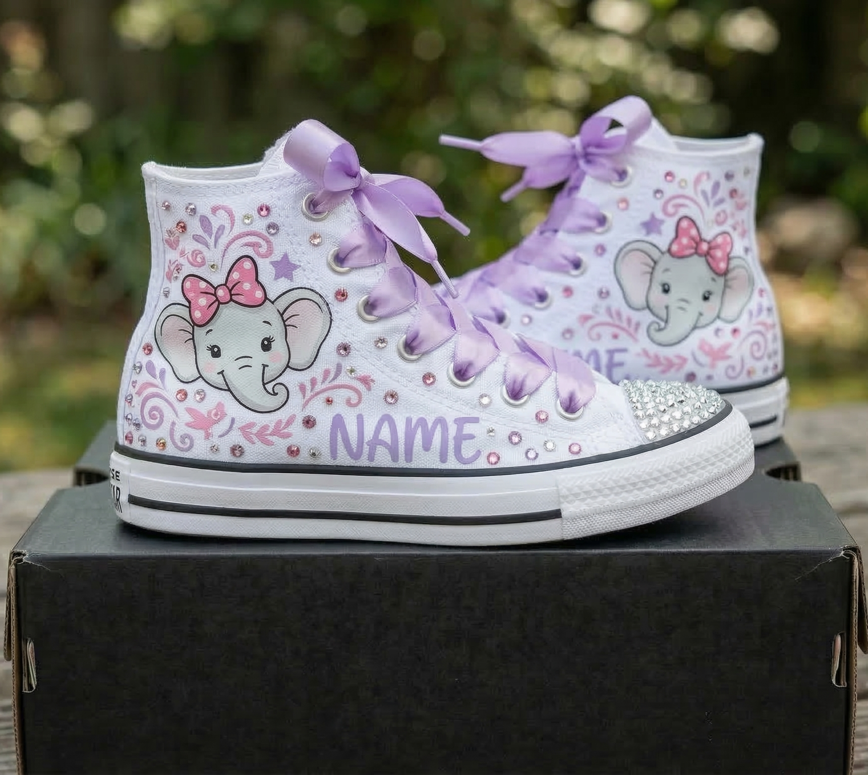 Custom Cute Safari Elephant Face High-Top Sneakers Shoes Personalized with Name, Ribbon Laces & Rhinestones Birthday Parties Everyday Gift