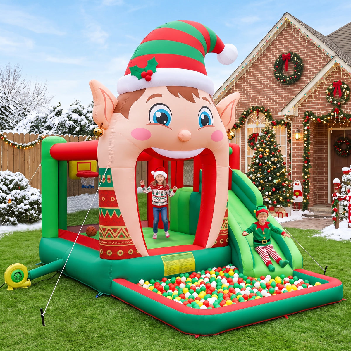 Play Bounce House Jumping Playhouse area with Slide and Ball Pit Christmas Elf's Head Castle Theme