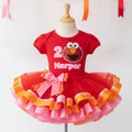 Sesame Street Elmo Face Tutu Set Girls Personalized Custom Red Pink Orange Ribbon Sewn Trim Tutu Outfit Dress Theme Cake Smash Birthday Party