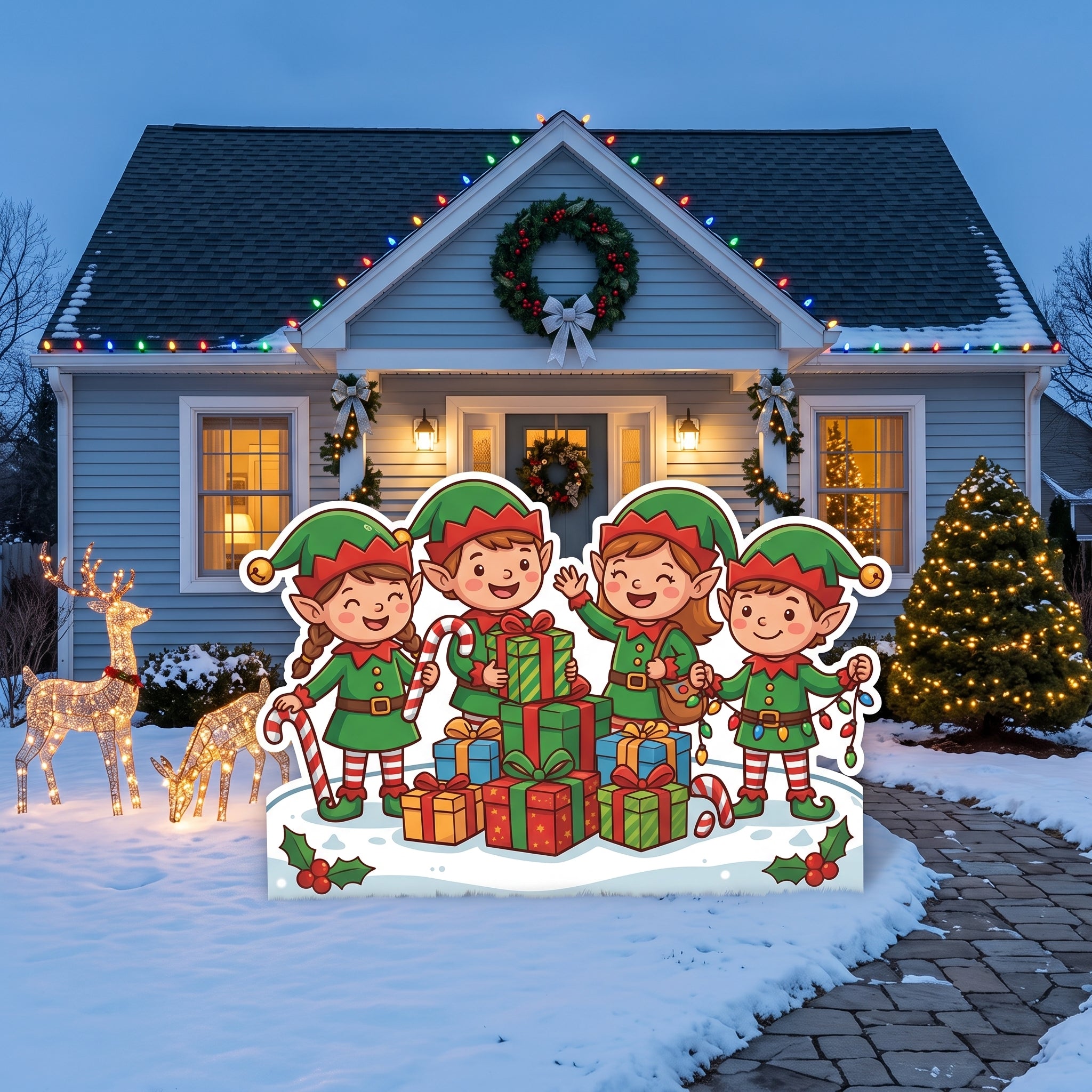 Life Size Happy Little Elves Character Premium Freestanding Christmas Cutouts Yard Sign Decor Party Prop