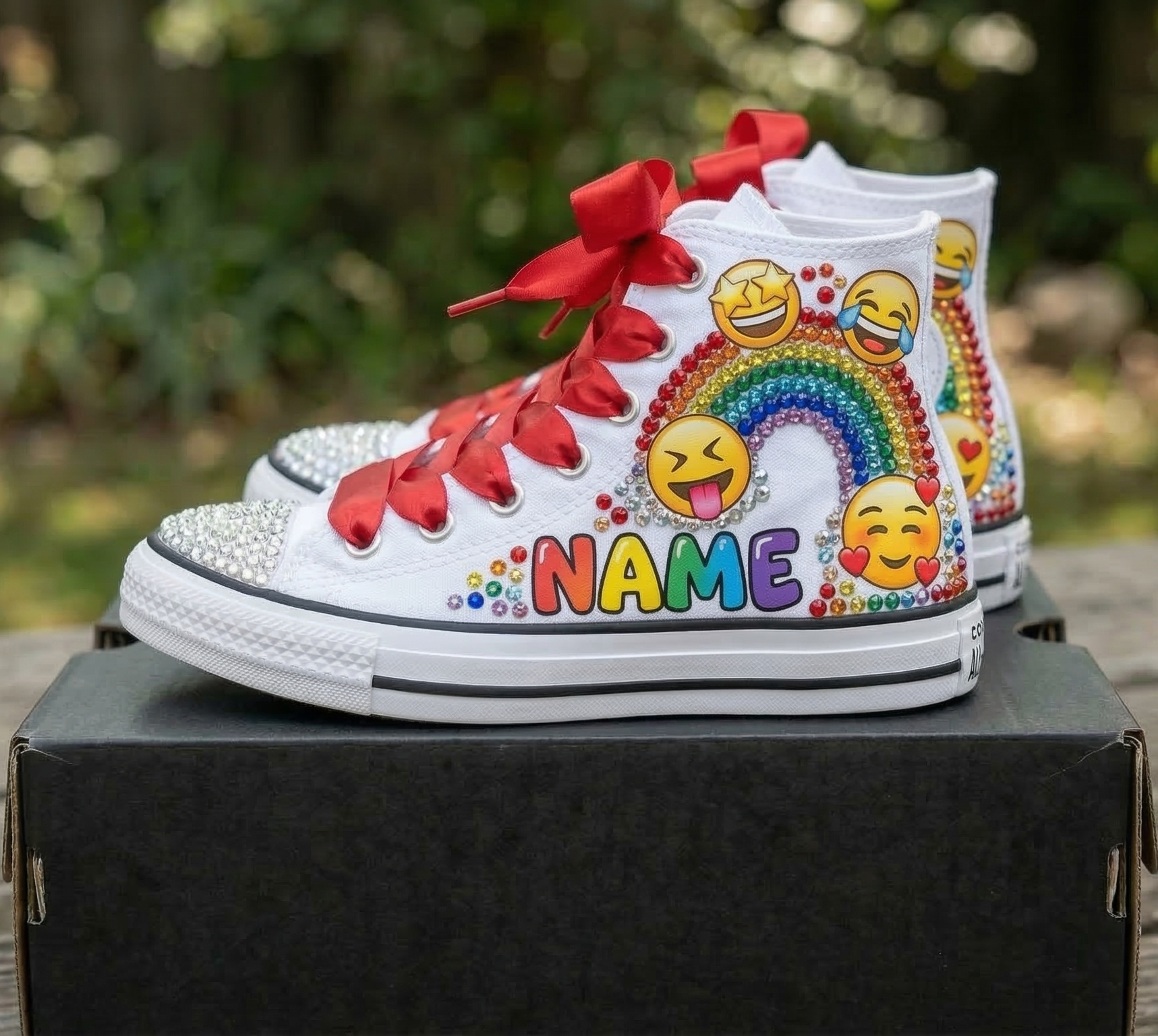 Custom Emojis High-Top Sneakers Shoes Personalized with Name, Ribbon Laces & Rhinestones Birthday Parties Everyday Gift