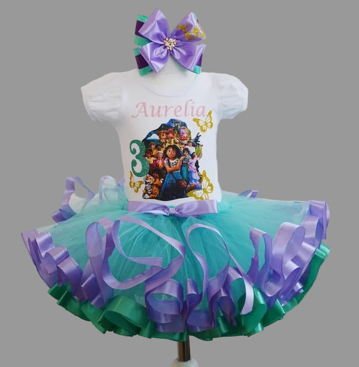 Mirabel Family Encanto Tutu Set Girls Personalized Custom Aqua Purple Ribbon Sewn Trim Tutu Outfit Dress Theme Cake Smash Birthday Party