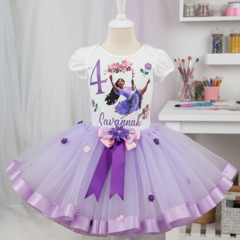 Isabella Encanto Tutu Set Girls Personalized Custom Light Purple Ribbon Sewn Trim Tutu Outfit Dress Theme Cake Smash Birthday Party