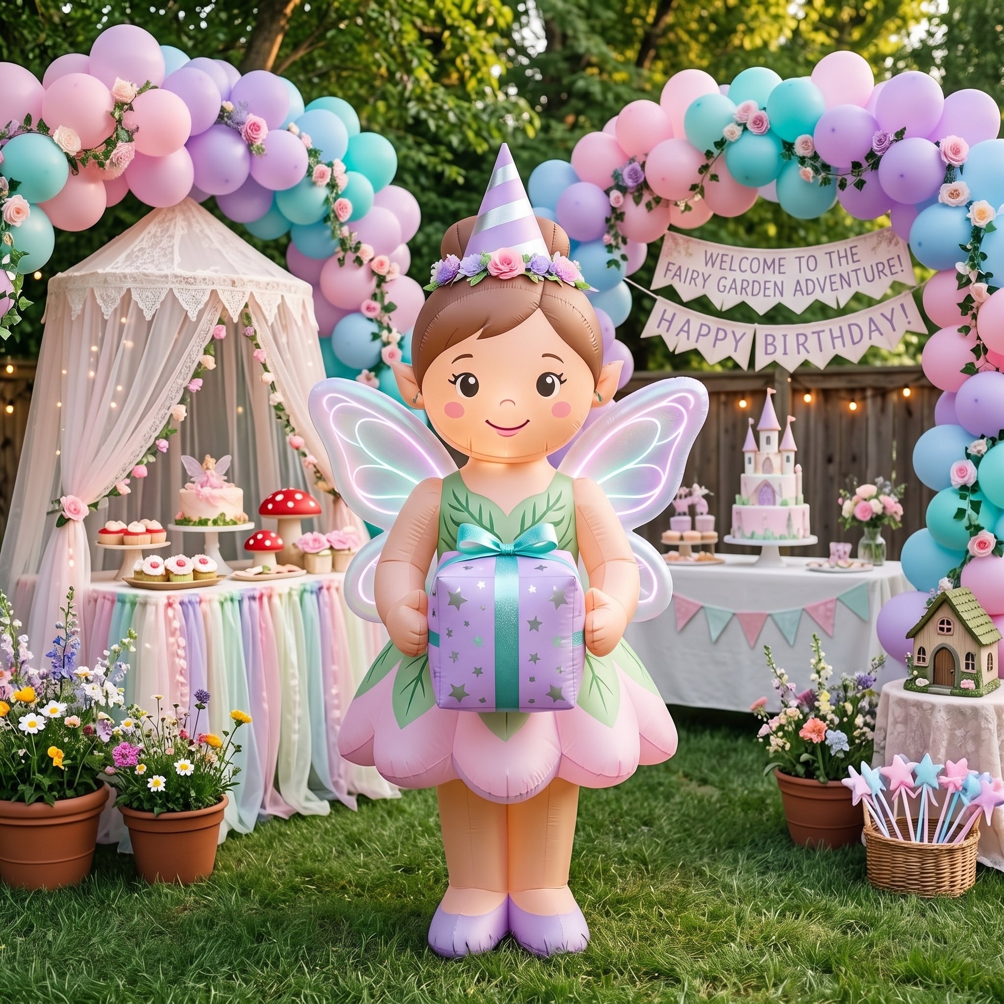 5' Magical Fairy Girl with Birthday Hat and Present Yard Birthday Inflatable Blow Up Decor Prop