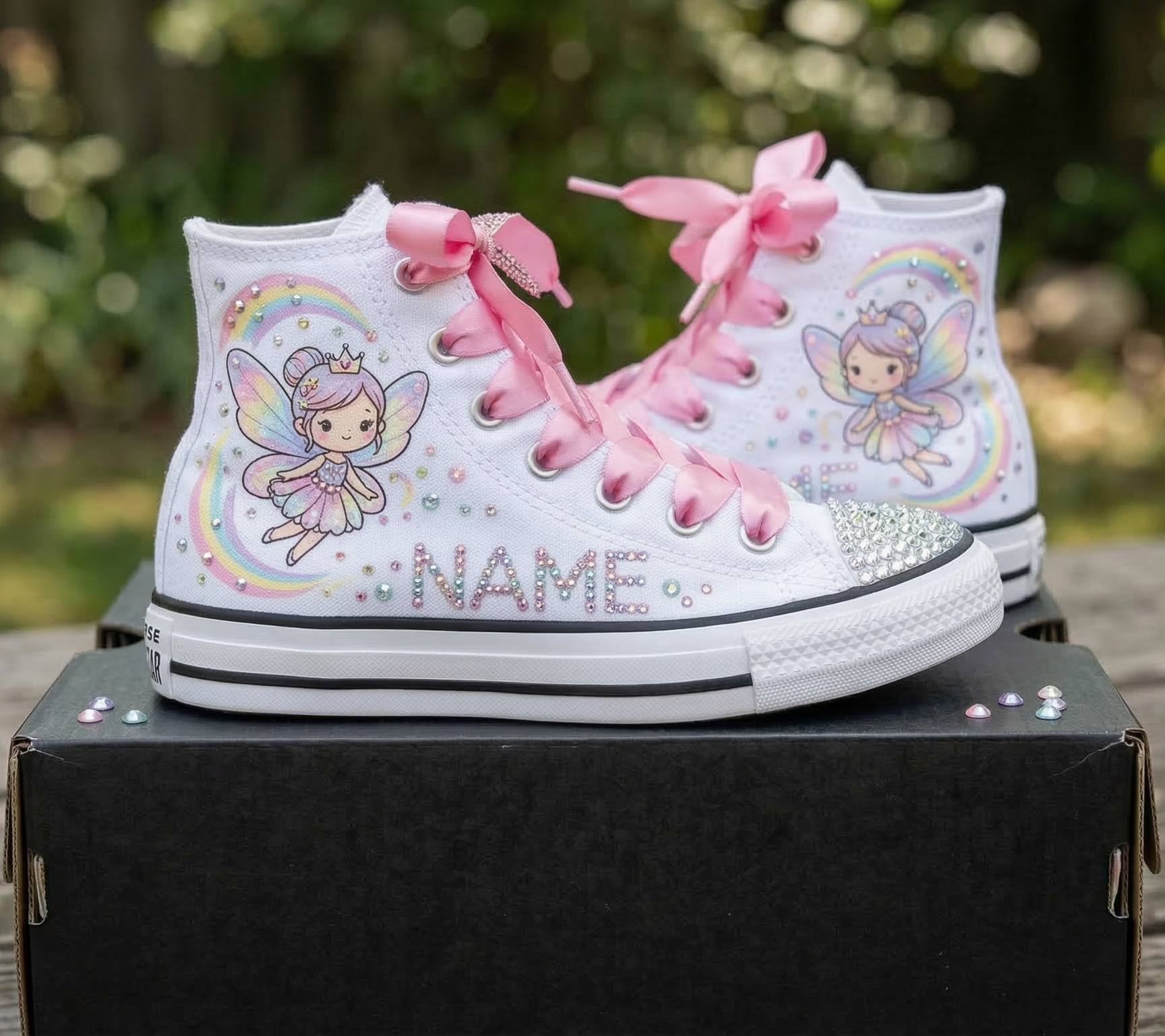 Custom Cute Magical Fairy High-Top Sneakers Shoes Personalized with Name, Ribbon Laces & Rhinestones Birthday Parties Everyday Gift