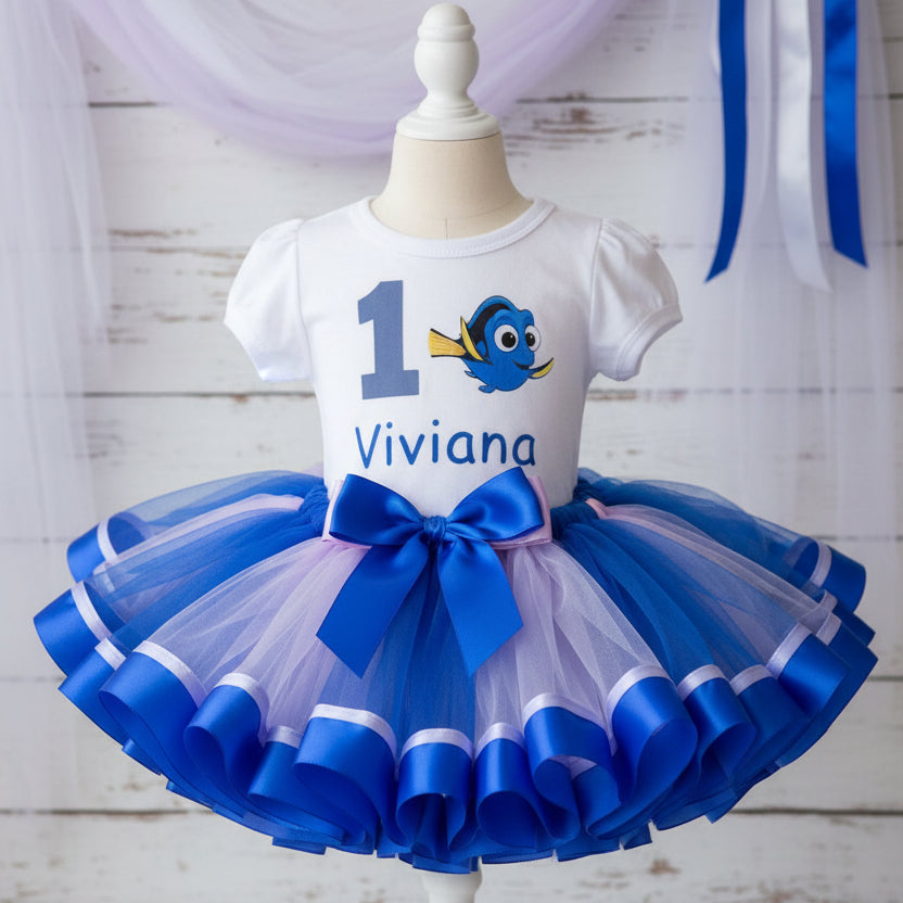 Finding Baby Dory Fish Tutu Set Girls Personalized Custom Blue Pink Ribbon Sewn Trim Tutu Outfit Dress Theme Cake Smash Birthday Party