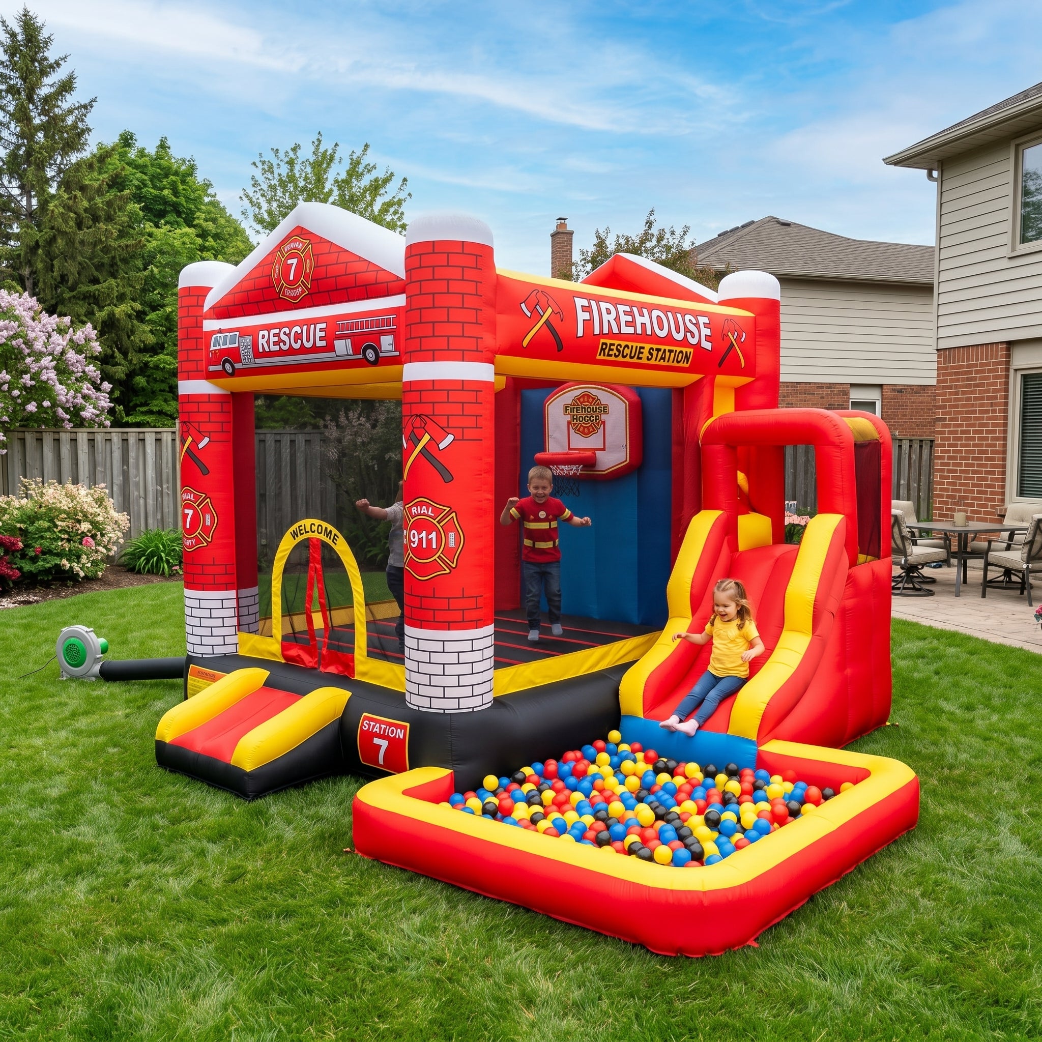 Play Bounce House Jumping Playhouse area with Slide and Ball Pit Firehouse Fire Fighter Theme