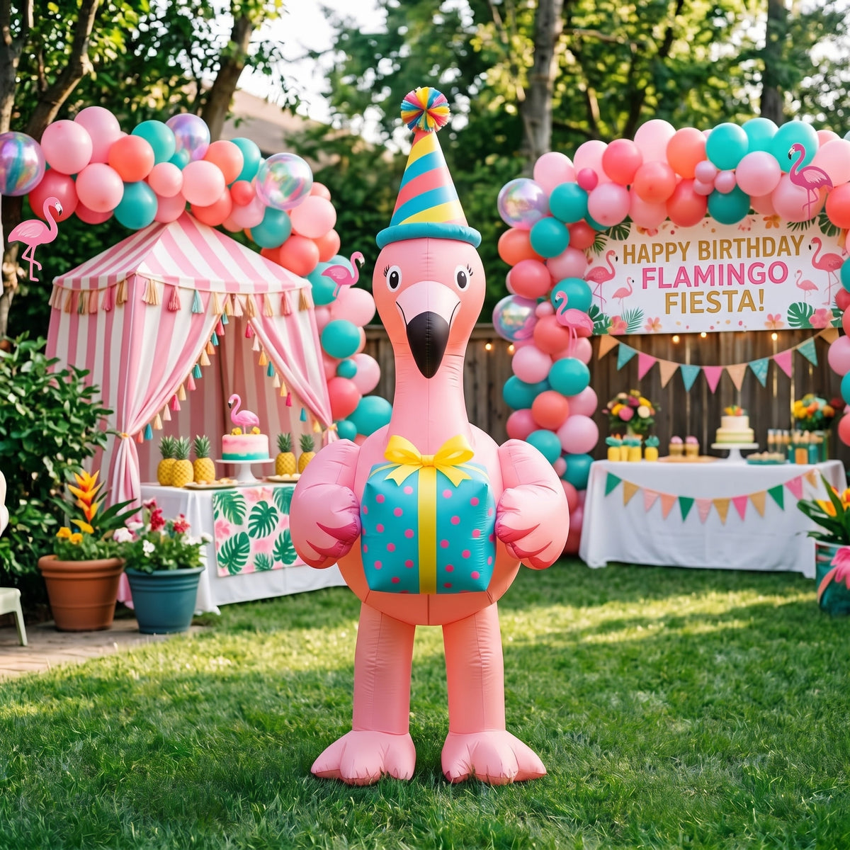 5' Flamingo with Birthday Hat and Present Yard Birthday Inflatable Blow Up Decor Prop