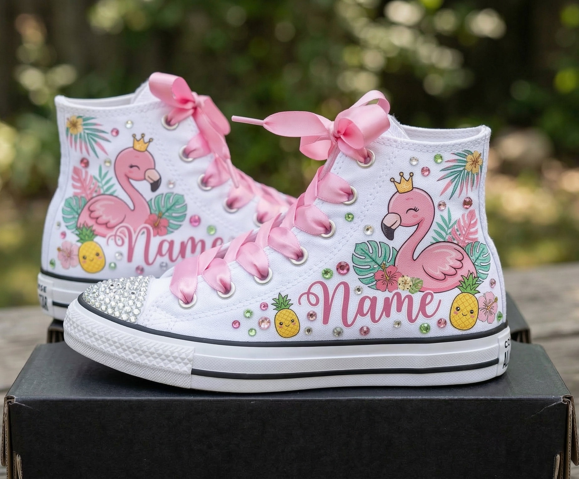 Custom Cute Flamingo High-Top Sneakers Shoes Personalized with Name, Ribbon Laces & Rhinestones Birthday Parties Everyday Gift