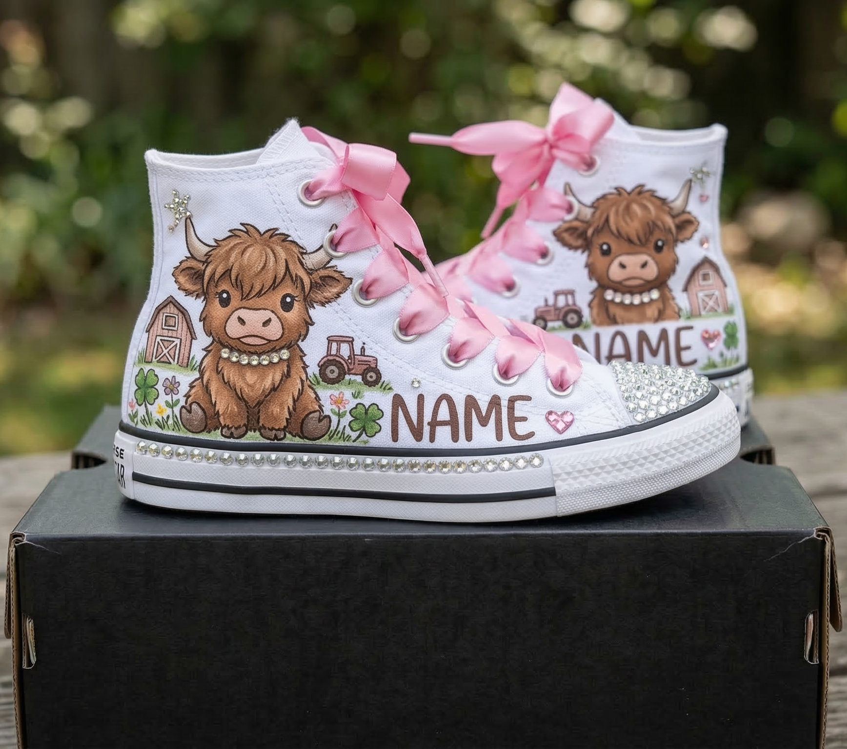 Custom Fluffy Cow High-Top Sneakers Shoes Personalized with Name, Ribbon Laces & Rhinestones Birthday Parties Everyday Gift