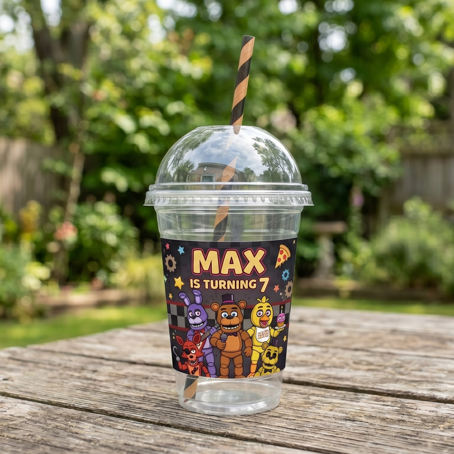 (Pack of 6) FNAF Five Nights at Freddy's Custom Personalized Birthday Party 16 oz Cups with Dome Lids & Straws