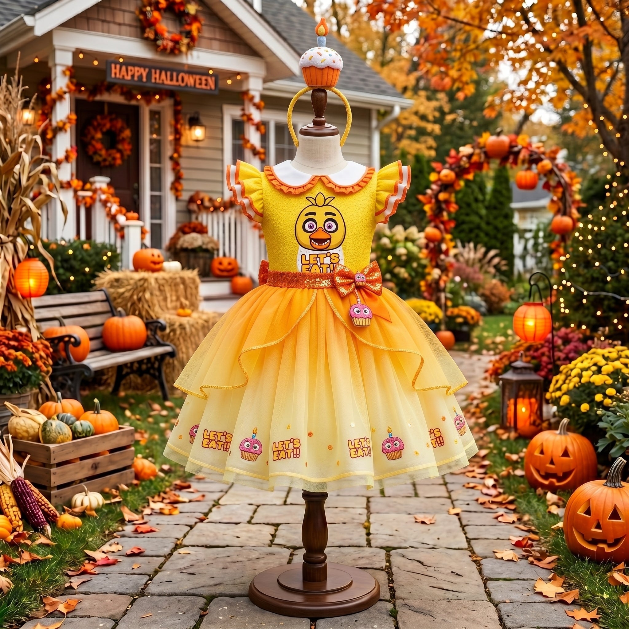Five Nights at Freddy's FNAF Chica Girls' Deluxe Sparkle Tutu Party Costume Dress Set with Matching Headband Halloween Birthday Pageant