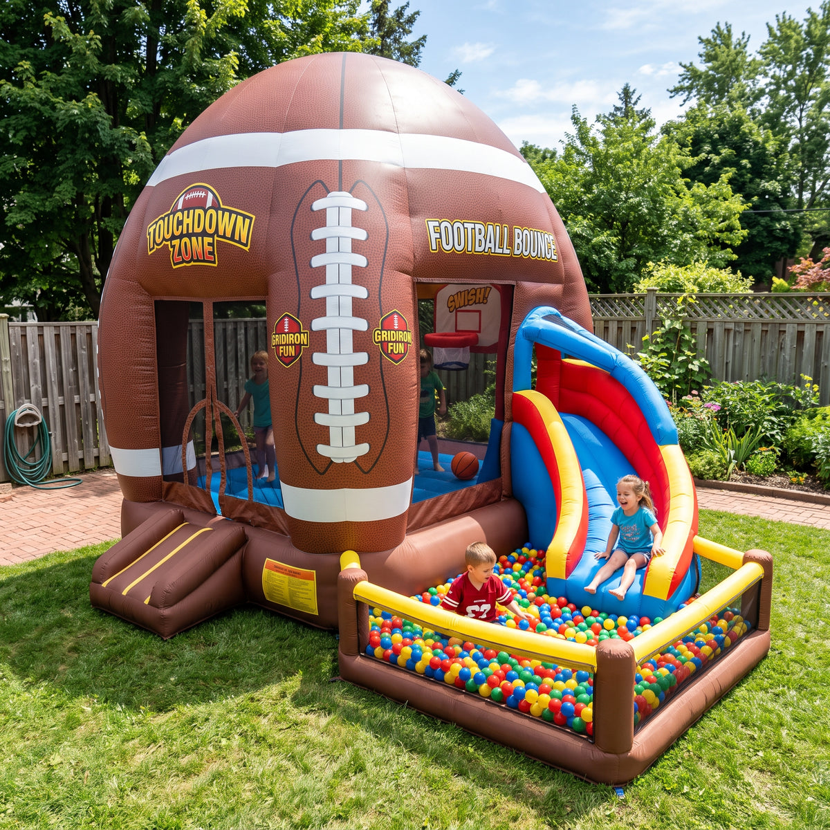 Play Bounce House Jumping Playhouse area with Slide and Ball Pit Sports Foot Ball Castle Theme