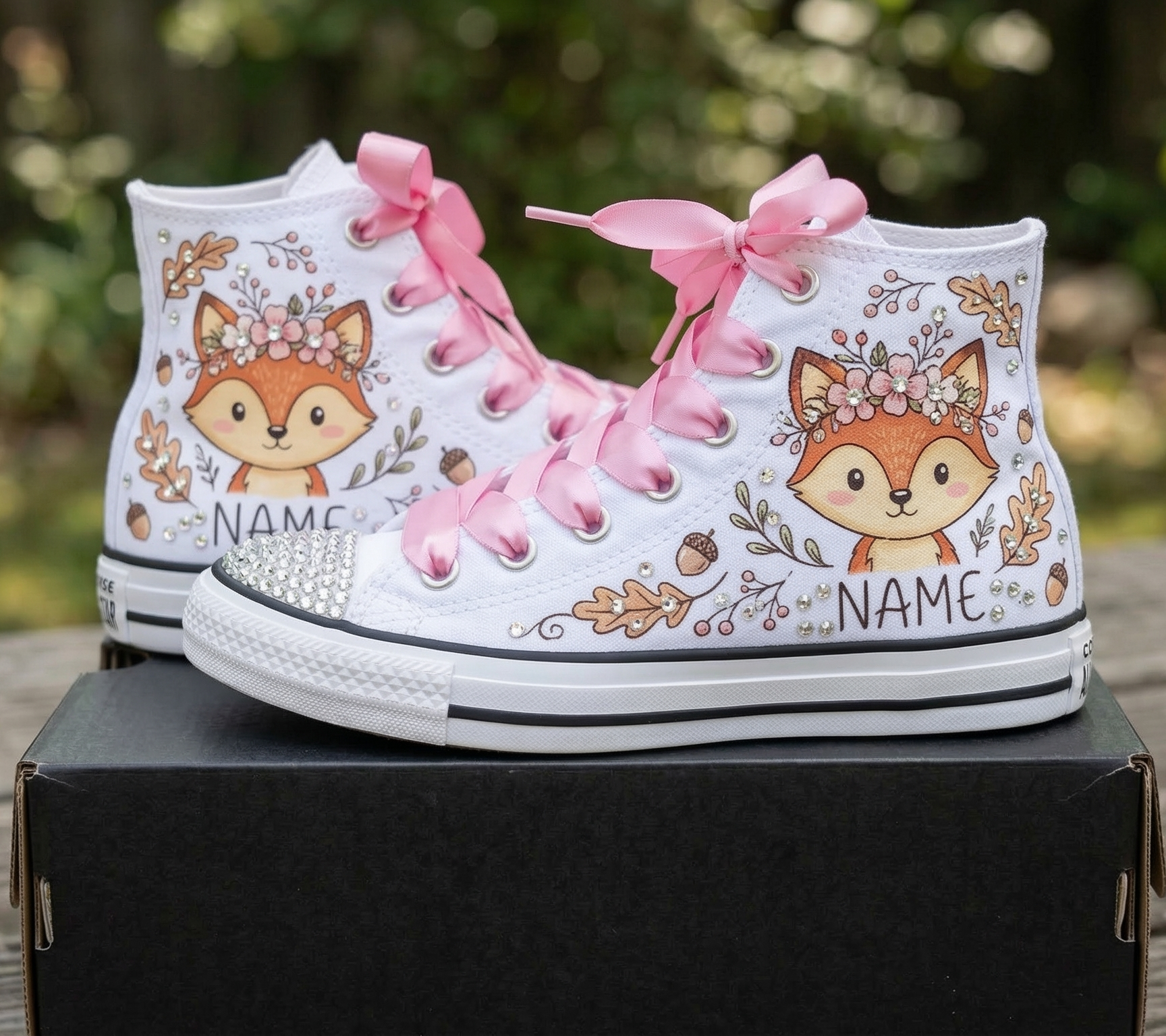 Custom Cute Woodland Fox High-Top Sneakers Shoes Personalized with Name, Ribbon Laces & Rhinestones Birthday Parties Everyday Gift
