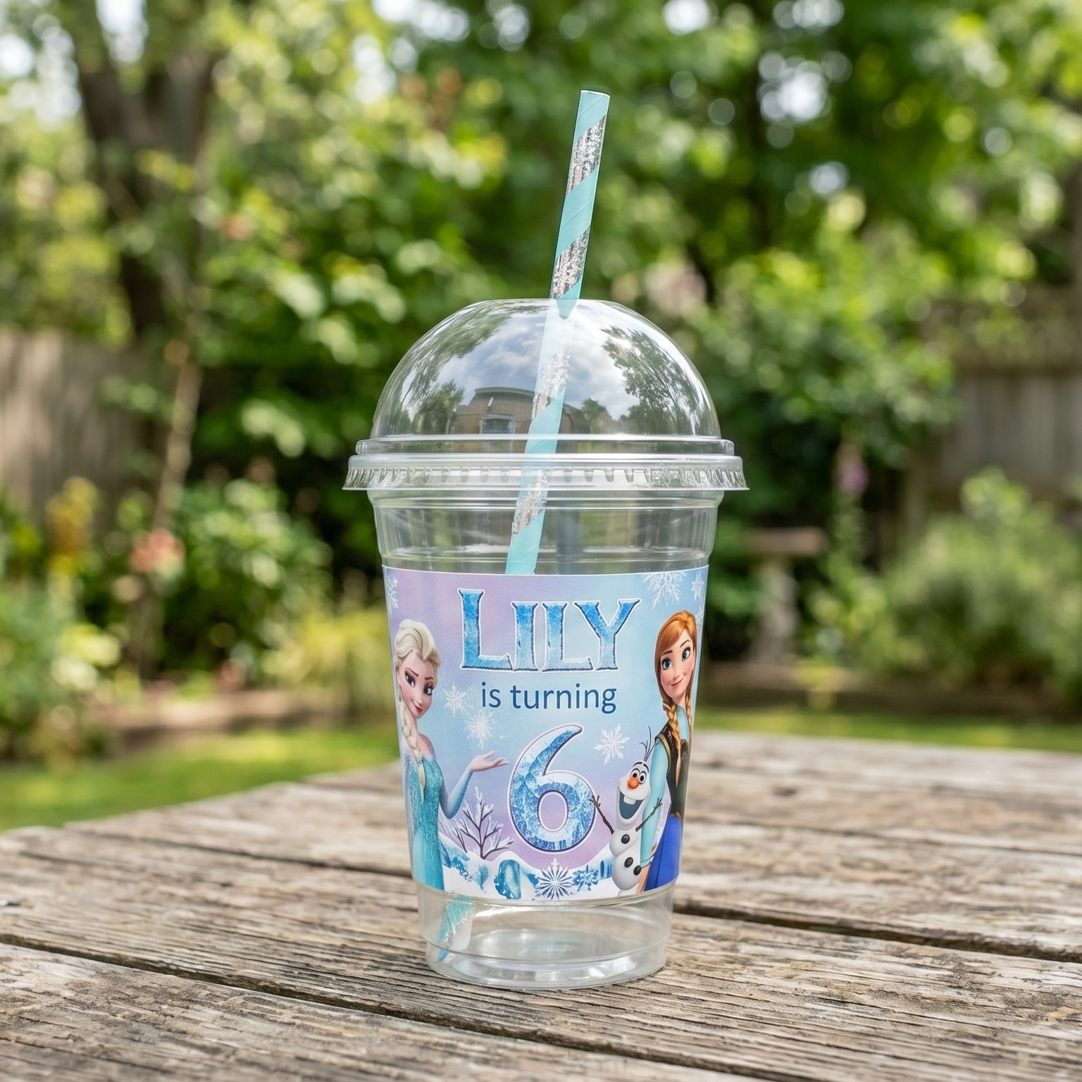 (Pack of 6) Frozen Princess Elsa Anna Custom Personalized Birthday Party 16 oz Cups with Dome Lids & Straws