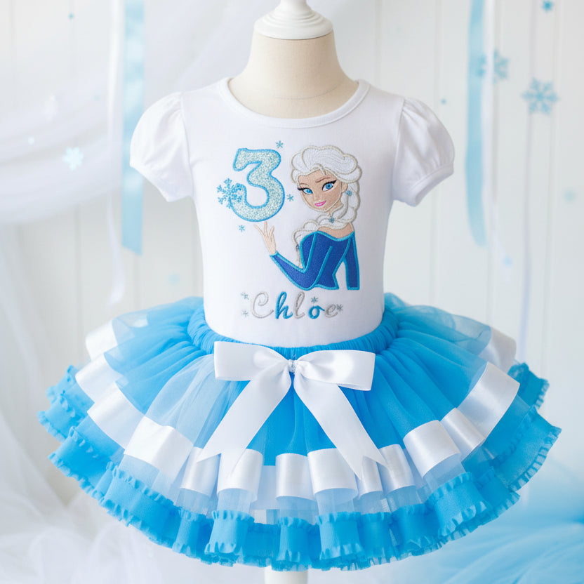 Elsa Princess Snow Frozen Tutu Set Girls Personalized Custom Blue Light Blue Silver Ribbon Sewn Trim Tutu Outfit Dress Theme Cake Smash Birthday Party