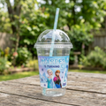 (Pack of 6) Frozen Princess Elsa Anna Sisters Custom Personalized Birthday Party 16 oz Cups with Dome Lids & Straws