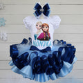 Elsa Anna Frozen Tutu Set Girls Personalized Custom Dark Blue Light Blue Ribbon Sewn Trim Tutu Outfit Dress Theme Cake Smash Birthday Party