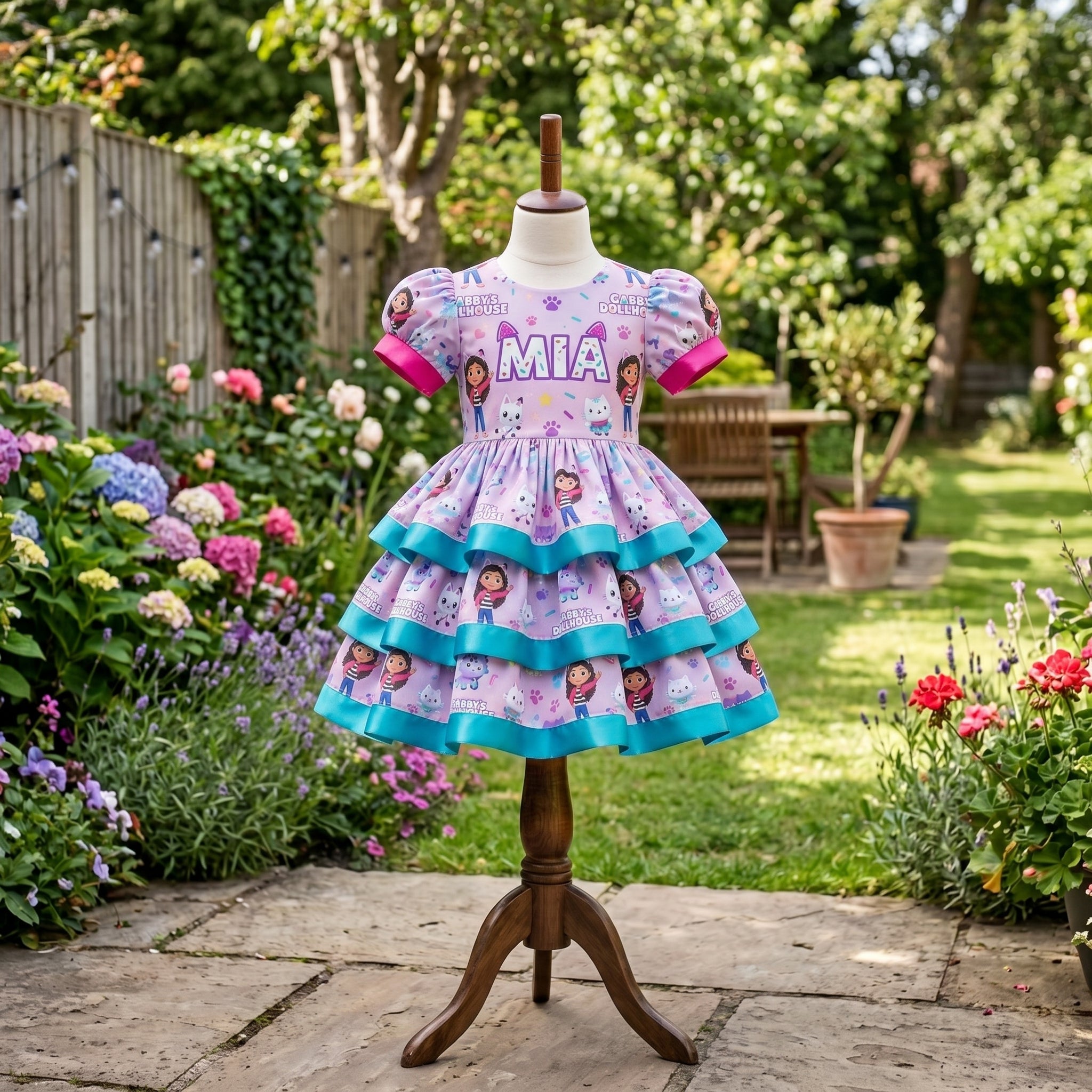 Gabby's Dollhouse Girls Personalized Custom Tiered Ruffle Dress Ribbon Trim Theme Cake Smash Birthday Party