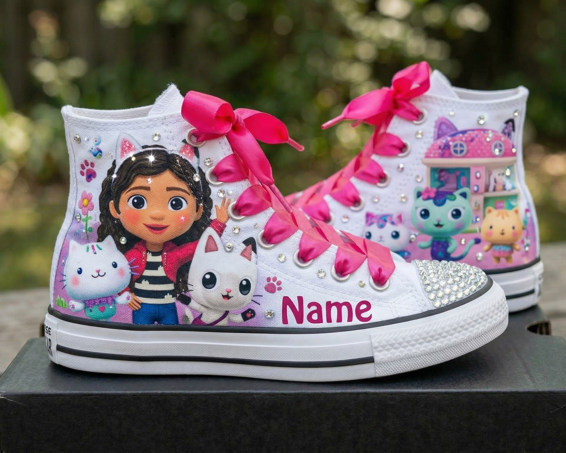 Custom Gabby's Dollhouse Friends High-Top Sneakers Shoes Personalized with Name, Ribbon Laces & Rhinestones Birthday Parties Everyday Gift