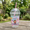 (Pack of 6) Gabby's Dollhouse Custom Personalized Birthday Party 16 oz Cups with Dome Lids & Straws