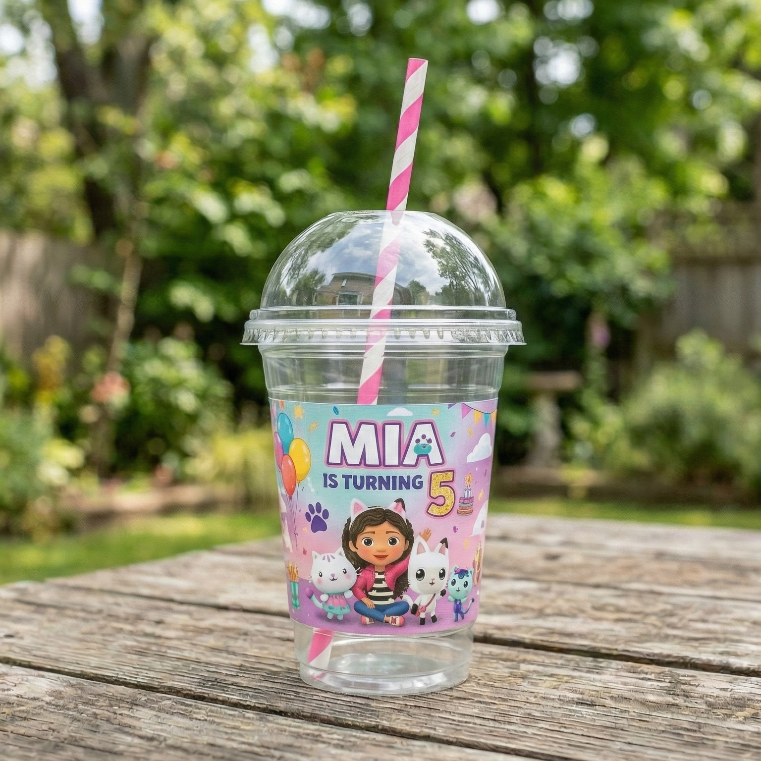 (Pack of 6) Gabby's Dollhouse Custom Personalized Birthday Party 16 oz Cups with Dome Lids & Straws