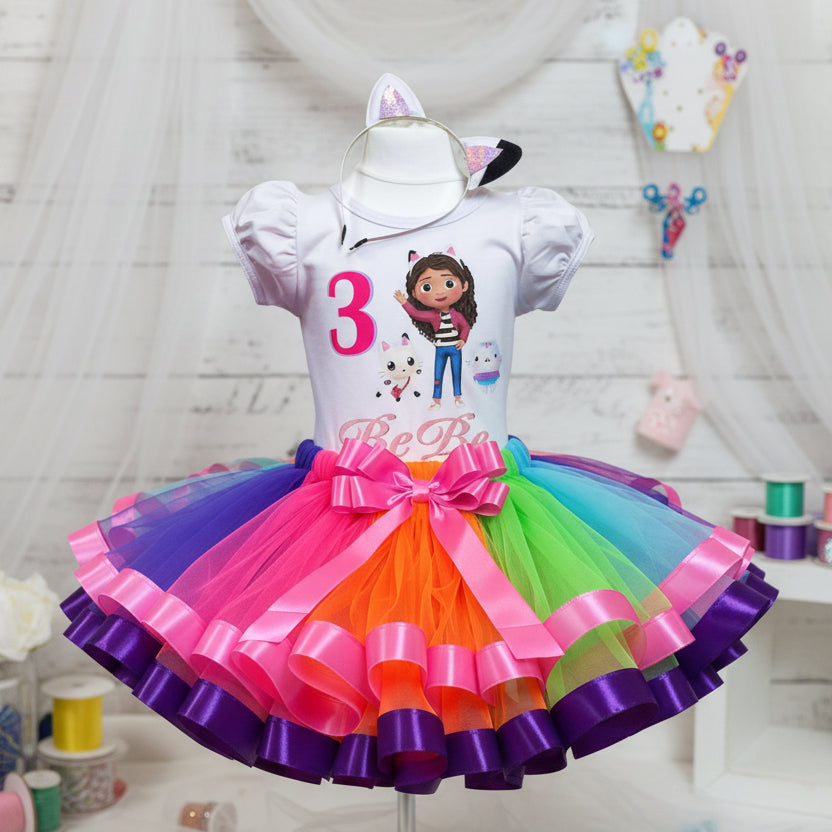 Gabby's Dollhouse Pandy Paws Tutu Set Girls Personalized Custom Rainbow Ribbon Sewn Trim Tutu Outfit Dress Theme Cake Smash Birthday Party