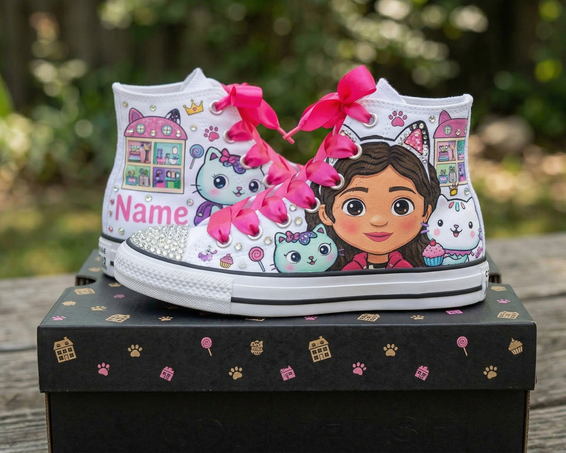 Custom Gabby's Dollhouse High-Top Sneakers Shoes Personalized with Name, Ribbon Laces & Rhinestones Birthday Parties Everyday Gift